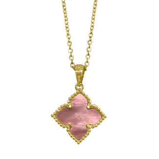 14K Yellow Gold Plated Pink Mother of Pearl Flower Pendant Necklace