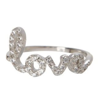 White Rhodium Plated Pave Swarovski Crystal Cursive Love Ring
