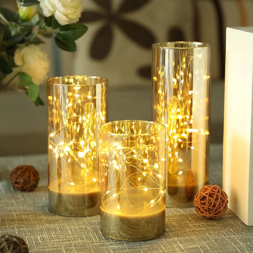 3 Piece LED Flickering Battery String Lights Unscented Pillar Candle Set